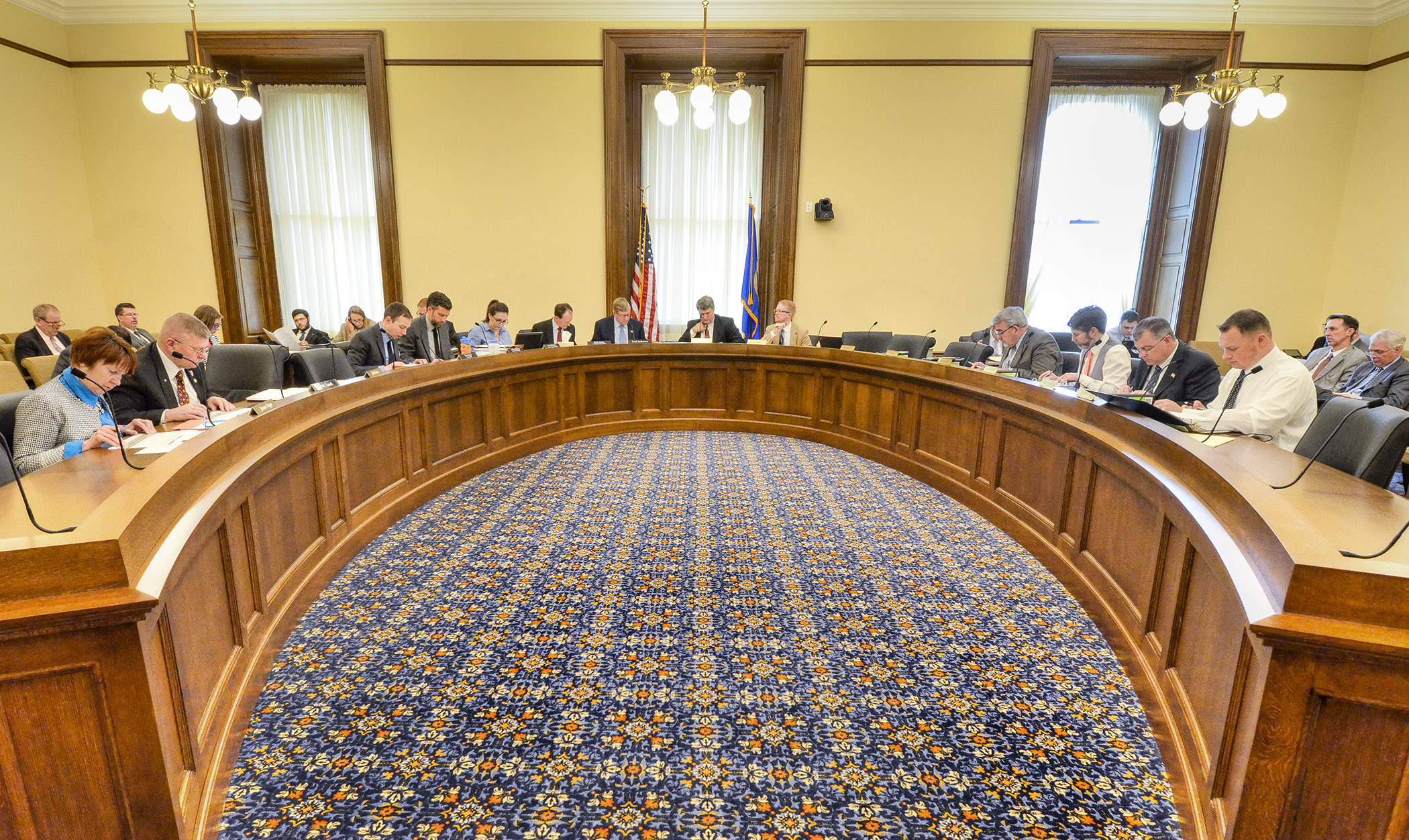 Members of the agriculture finance conference committee meet May 2 to go over the omnibus agriculture finance bill. Photo by Andrew VonBank